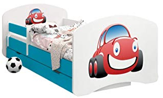 HappyBabies - Doppelseitiges Kinderbett MIT SCHUBLADE Modernes Design mit sicheren Kanten und Absturzsicherung Schaumstoffmatratze 7 cm Blau (Auto, 180x90)