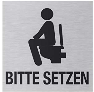 Metafranc Klebeschild Bitte setzen – Aus Aluminium | In moderner Edelstahl-Optik – Selbstklebende Rückseite – Beschilderung – Infoschild – Toilettenschild – 80 x 80 mm