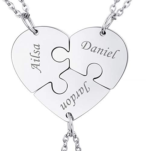 MeMeDIY Collar de Rompecabezas con Colgante de Corazón Personalizado Nombre para Parejas Hombres Mujeres Grabado para Novio Novia Conjunto de Amantes de Joyería para Amor Familiar Amistad (3 Piezas)