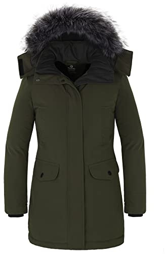 Wantdo Abrigo de Invierno Cálido para Mujer Clásica Larga Abrigada Chaqueta | Forro Térmico,Cortavientos,Impermeable,Multibolsillos,Capucha Desmontable de Piel Sintética,Cremallera SBS,Uso Diario,Trabajo
