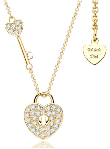 LOVENEST Halskette Damen Silber 925 / Gelbgold Rosegold vergoldet Herzkette mit Schlüssel Damenkette Kette Ich Liebe Dich Silberkette Anhänger Schmuck Jahrestag Geschenke Frauen Freundin