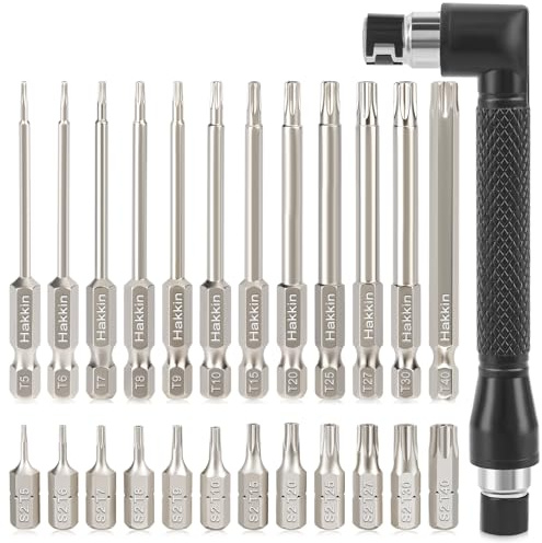 Torx Bit Set Hakkin 24Pcs Magnetic Torx Security Bit Set | S2 Steel Star Screwdriver Bit Sets with Right Angle Security Torx Impact Driver Bit for Tight Space Operation 25mm 75mm T5-T40