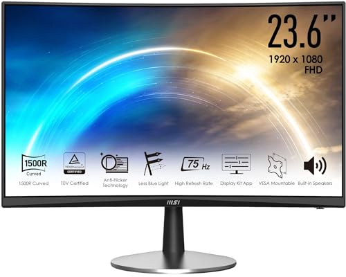 msi PRO MP242C Monitor da ufficio curvo da 23,6 pollici FHD - Pannello VA 1500R 1920 x 1080, 75 Hz, Schermo Eye-Friendly, Speaker integrati - HDMI 1.4 e VGA