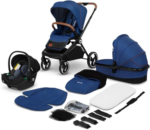 LIONELO Mika 3in1 Set Kinderwagen, Babywanne, Babyschale. Im Set Moskitonetz, Fußabdeckung, Regenschutz. Wartungsfreie Gummiräder. Leichte Konstruktion (BLUE NAVY)