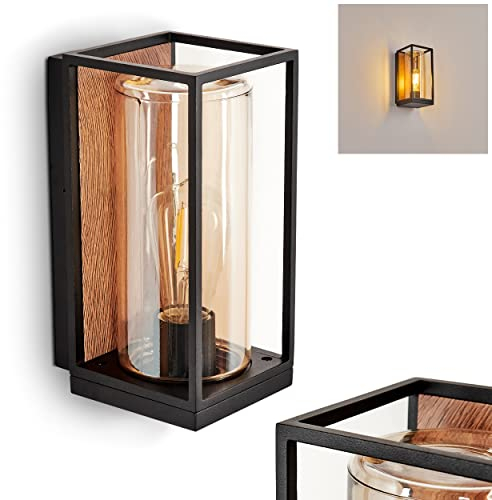Außenwandleuchte Palanga, Außenleuchte aus Metall in Schwarz/Holzoptik/Braun u. 2 Gläsern (Bernsteinfarben/Klar), Wandlampe für Terrasse/Eingangsbereich, E27, ohne Leuchtmittel, mit tollem Lichteffekt