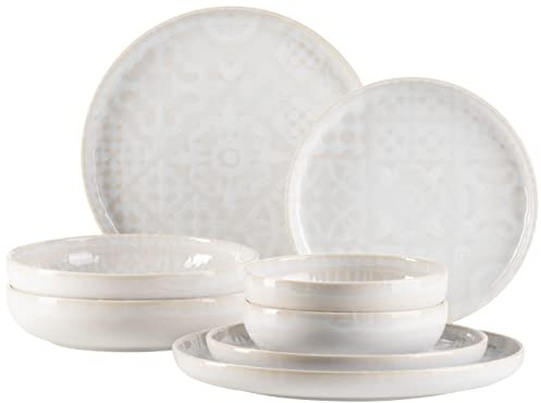 MÄSER 934062 Serie Tiles Modernes Vintage Geschirr Set für 2 Personen in maurischem Design, 8-teiliges Tafelservice mit Tellern und Schalen aus hochwertiger Keramik, Steinzeug, Weiß
