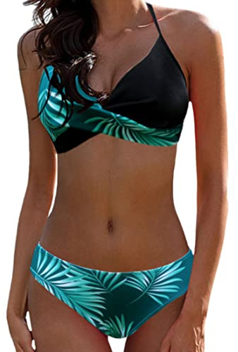JFAN Dam tvådelad baddräkt push up klassisk smalnande triangel bikini set, Svart + gröna blad, XXL