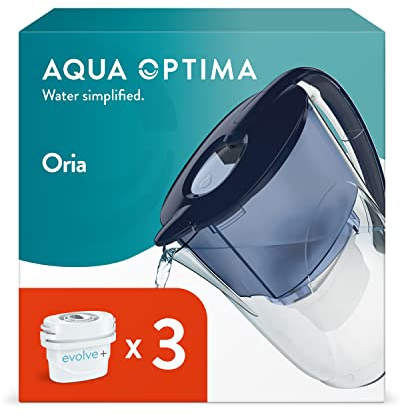 AQUA OPTIMA qua Oria Jarra de Filtro de Agua y 3 Cartuchos de Filtro de Agua Evolve+ de 30 Días, Capacidad de 2,8 litros, Para la Reducción de Microplásticos, Cloro, Cal e Impurezas, Azul