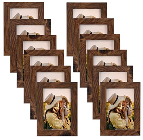EXYGLO 12er Set Bilderrahmen 9x13 cm, Braune Fotorahmen Collage für 13x9 cm Fotos und Bilder, Dunkler Rahmen mit Plexiglas - Wand- oder Tischaufsteller