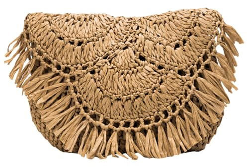 VALICLUD Papierstroh-gewebte Tasche Für Damen Braun Strandtasche Mit Quaste Gewebte Schultertasche Hergestellt Aus Hochwertigem Material Für Langlebigen Gebrauch