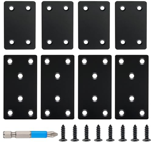 QSJ 8 Pack Black Flat Mending Plate 3.15x1.57‘’ & 2.36x1.49'', Stainless Steel Bracket, Straight Metal Brace Bracket, Fixing Joining Plate for Wood Furniture Fastening & Fixing