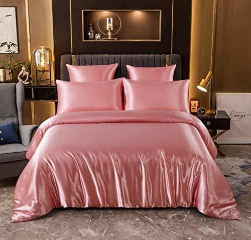 Sedefen Housse de Couette Satin 200 x 200 cm + 2 taie d'Roseeiller 65x65cm Rose Parures de lit Ado Adulte 2 Personnes la Soie Lisse Brillante Linge de lit avec Fermeture Éclair