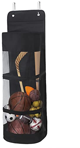 Large Hanging Basketball Bag Over the Door Heavy Duty Sports Equipment Organizer Mesh Pocket Zipper Design Rackets Balls Storage Bag Save Floor Space Room Door Hanging Sack with 2 Metal Hooks