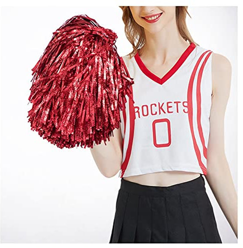 SHTGOI 4 Stück Cheerleading Pompons Metallfolie Cheerleader Pom Poms Cheers Blumenball mit Griff Hell Bunt Tanzpuschel Handblumen für Tanzparty Schule Sport Wettbewerb Karnevalspartys Rot