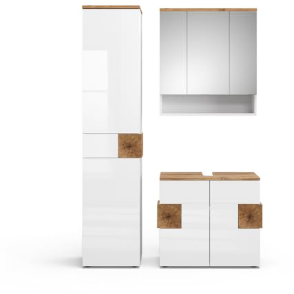 Vicco Badmöbel-Set Eden, Weiß Hochglanz, 73 cm | besteht aus Waschbeckenunterschrank, Spiegelschrank und Hochschrank