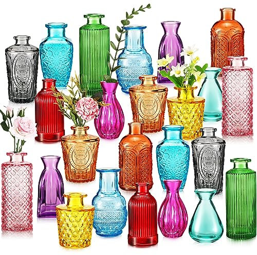 Dandat 24 jarrones pequeños de colores, jarrones decorativos de vidrio, rústicos en relieve, botellas de vidrio vintage para flores, decoración del hogar, boda, centros de mesa, decoración, 12 estilos