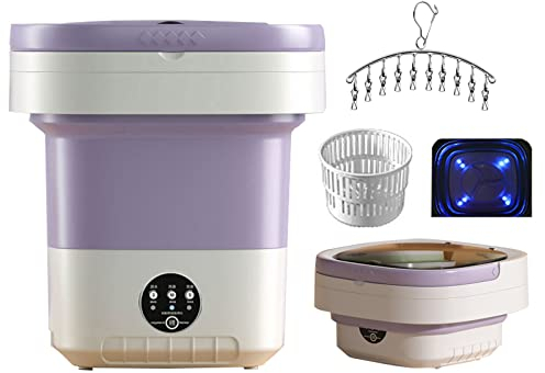 Portable Washing Machine with Clothes Hanger, Mini Foldable Washer and Spin Dryer Small Foldable Bucket Washer, Suitable for Apartment Dorm,Travelling，Best Gift Choice (Color : Purple)