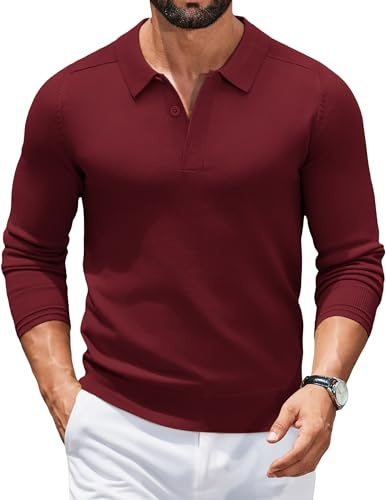 COOFANDY Jumpers for Men Sweater with Polo Neck Sweatshirt Fine Knit Pullover Long Sleeve Poloshirt Regular Fit Thermal Pullover Business Casual Wine red S