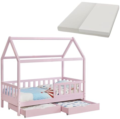Juskys® Kinderbett Marli 90 x 200 cm mit Matratze, Bettkasten, Rausfallschutz, Lattenrost & Dach - Massivholz Hausbett für Kinder - Bett in Rosa