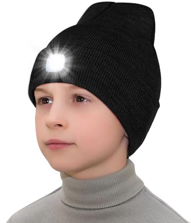 Richaa Geschenke für Kinder Weihnachten Mütze mit LED Licht Kinder Wiederaufladbar LED Strickmütze Wintermütze Schwarz Beanie Lustige Kleine Geschenke für Mädchen Jungen