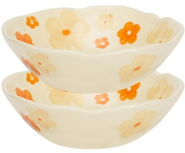 Koythin Salad Bowls Set of 2, Cute Orange Flower Ceramic Bowls, Cream Yellow Serving Bowl for Pasta, Cereal, Fruit, Soup, Rice, Dishwasher and Microwave Safe (Orange Flower Set of 2), KH01692OF | Two Ceramic Bowls Heat Resistant Pasta Fruit Bowl Kitchen Table Decoration Bright