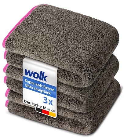 wolk Auto Trockentuch 3er Set 1200 GSM, Mikrofasertuch Auto 40x40 cm | 1200 GSM Premium-Mikrofaser. Fusselfrei, lackschonend und streifenfrei in Grau/Pink.