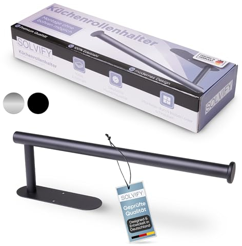 SOLVIFY® Küchenrollenhalter ohne Bohren [MIT Klebestreifen für einfache Montage] | Schwarz | Edelstahl | Papierrollenhalter | Zewa Rollenhalter | Küche | Wand | Grill | Wohnmobil (Schwarz)