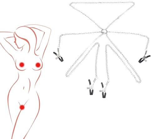 SUPKTHDY Pinces à Tétons avec Chaîne SM Pinces à Seins Réglables BDSM Bondage Set 2 Pinces à Tétons+2 Pinces à Clitoris Stimulateurs Mammaires Femmes Fétiche Clip de Jouet Sexuel Sex Toys Couples Sexy