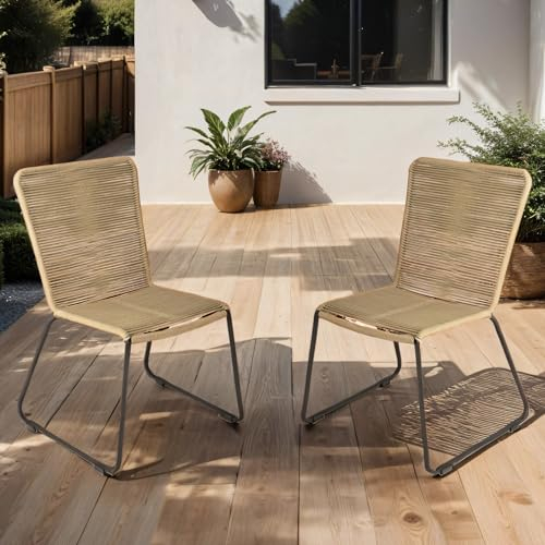Loreno 2er Set Outdoor Seilstuhl ISRA – Stapelbare Gartenstühle mit Grauer Seilbespannung aus Polyester & schwarzem Eisen-Gestell – Modernes Rope Chair Design für Garten, Balkon & Terrasse, Taupe