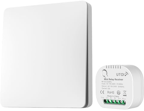 UTOI Interruttore Luci Senza Fili con Relè 15A 220V, Interruttore Wireless Senza Batteria, Telecomando RF On Off, Comando a Distanza per Lampada LED, Bianco