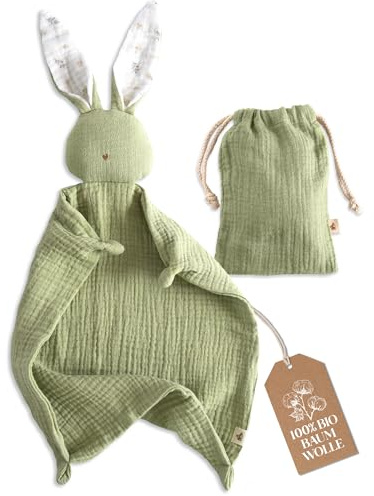 Mikito Schnuffeltuch Baby Hase - Musselin Schmusetuch als Baby Geschenk zur Geburt von Junge & Mädchen/Schnuffeltücher & Trösterchen/Kuscheltier Baby (Olivgrün)