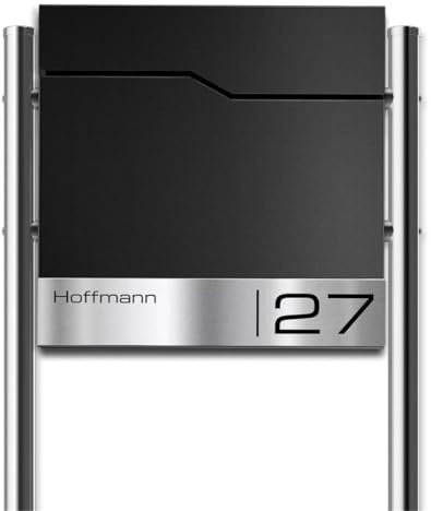Metzler Briefkasten mit Pfosten in RAL 9005 Tiefschwarz Enno - Standbriefkasten mit V2A Edelstahl Namensschild & Zeitungsfach - Briefkasten mit Gravur - Postkasten, Größe: 37 x 37 x 10,5 cm