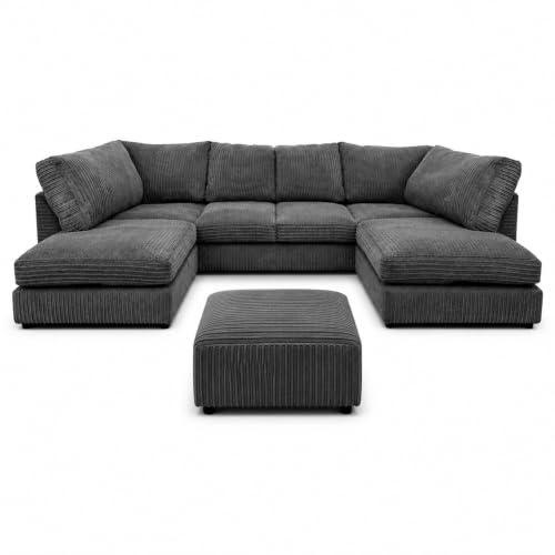 U shape Sofas - Jumbo Cord Sofas for Living Room with Thick Luxury Fixed back rest Cushioning | Sectional Couches Lounge Sofa Grey U Shape, Free Foot Stool and Installation