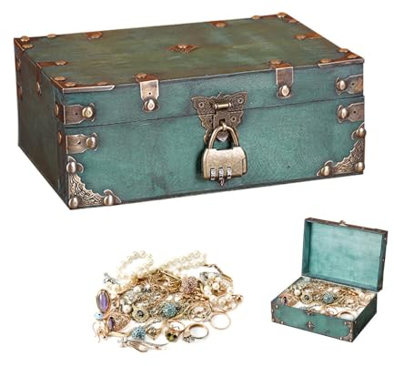 XPJBKC Schatztruhe Holz, 24 x 17 x 9.5cm Holz Aufbewahrung Schatzkiste, Schatztruhe mit Zahlenschloss, Holzkiste mit Deckel Vintage Schatzkiste für Kindergeburtstag Hochzeit Aufbewahren Deko