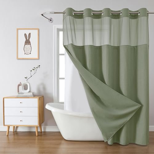 eachope SageGreen Duschvorhang ohne Haken, Waffelgewebe, mit Snap-in-Ersatz, 230 g/m², wasserdichter Stoff, Hotel-Duschvorhang-Set für Badezimmer, durch Netzfenster oben, 71 x 77 cm (B x H)