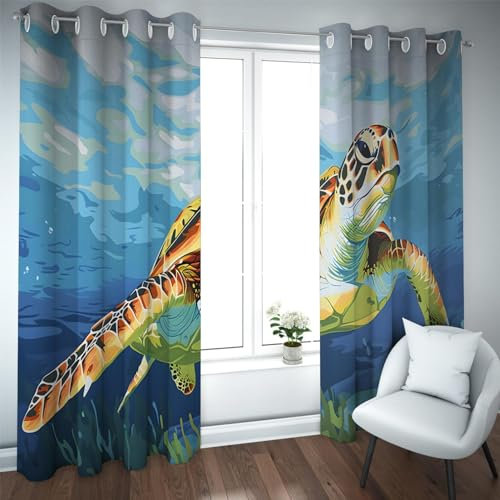 Deertweet Home Anime Cartoon Kinder Vorhänge Blau Ozean Meeresschildkröte Muster Verdunkelungsvorhänge Wärmeisolierte Fenstervorhänge für Schlafzimmer Wohnzimmer 2 Paneele H214xB132