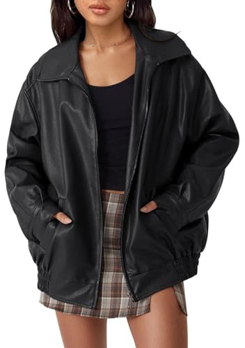 hathne Women's Oversized Leather Jackets Faux Zip Up Fall Fashion Motorcycle Jackets Coats Winter Clothes(Black,L)