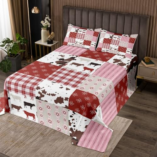 Homemissing Juego de colcha acolchada con estampado de vaca para niños y niñas, diseño de vaca lechera, tamaño King, granja, decoración de dormitorio, color rojo y blanco, 3 piezas