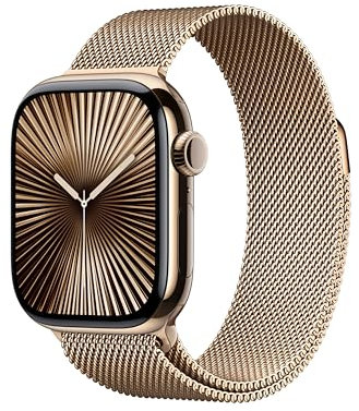 Apple Watch Series 10 (42 mm GPS + Cellular) Montre connectée avec Boîtier en Titane Or et Bracelet Milanais Or. Suivi de l’activité Physique, app ECG, écran Retina Toujours activé, Neutre en Carbone