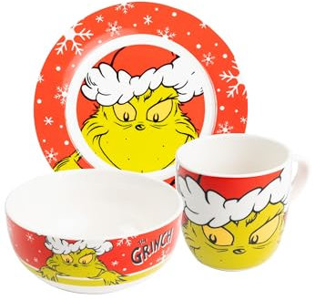 United Labels Grinch Merry Grinchmas Ensemble de petit-déjeuner 3 pièces, rouge, vaisselle en porcelaine avec assiette Ø 19 cm, tasse 220 ml et bol 330 ml