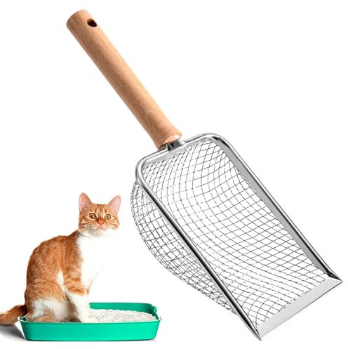 Bubuny Katzenklo Schaufel Metall, Edelstahl Katzenstreuschaufel mit Langer Holzgriff, Schaufel für Katzentoilette, Katzenschaufel für Katzenklo, Katzenstreu Schaufel für alle Arten von Katzenstreu