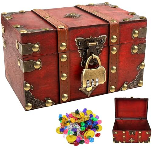 18*11.5*10.5cm Vintage Wooden Treasure Chest, Pirate Antique Style Storage Box with Password Padlock, Jewelry Organizer for Keepsakes,Trinket, Necklace,Earrings, Red Wood Decorative Container with Lid