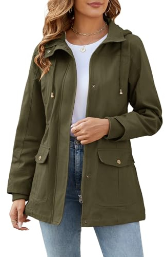Tuopuda Giacca Primaverile Donna Parka Cotone Militare Cappotto Leggera Utility Jacket Giubbotto con Cappuccio Casual con Zip Antivento Staccabile Giacche Giaccone Outdoor, verde militare, XXL