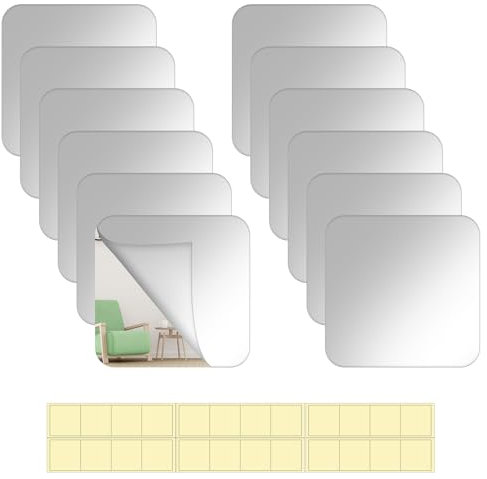 ZMDMAH 12 specchietti autoadesivi per piastrelle, in acrilico, autoadesivi, per la casa, il bagno, 15 x 15 cm