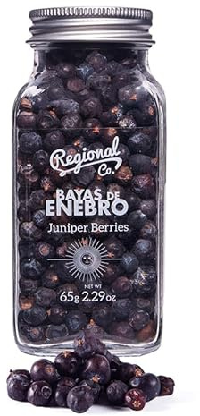 Regional Co | Bayas De Enebro Secas en Taro De Cristal 65 Gr - Sabor Aromático Y Ligeramente Amargo, Ideal Para Guisos Y Estofados - Ingrediente Clave En Ginebra Y Para Mixología