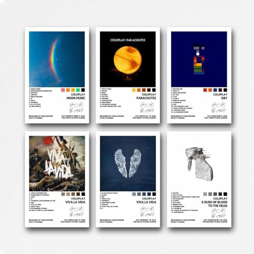 Maqiae A Set Of 6 Coldplay Poster Music Album Rock Band Vintage Cover Signed Poster Für Zimmer, Ästhetische Leinwand-Wandkunst, Schlafzimmer-Dekor Poster 08x12inch(20x30cm)