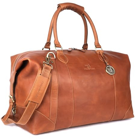 DE LAMASSU® Rafael Reisetasche aus Echtleder – Unisex Weekender 50×35×28 cm – Verstellbarer Schultergurt, erweiterbar durch seitliche Schnallen, Schutzfüße, Geschenkbox (Cognac)