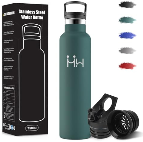 Gourde, 1000 ml Sans BPA, Gourde Isotherme, 18/8 Acier Inoxydable, Bouteille d'eau, Bouteille Avec Paille et 2 Couvercles, Bouteille Isotherme pour Camping, Salle de Sport, Bureau - Vert militaire