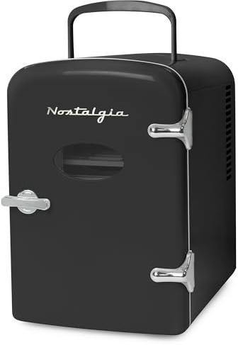 Nostalgia Retro Mini Fridge and Heater - 6-Can Capacity, 12-Volt Power Adapter, Carry Handle and Display Window - Perfect for Home, Office, Car, or Dorm Room - Black