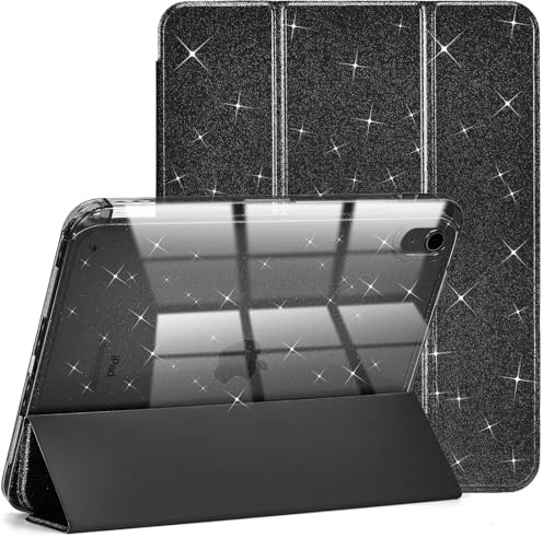 Glitter Case for iPad A16 11th Gen 11 2025/iPad 10th 10.9 2022, Black | with Pencil Holder,Hard PC Transparent Back Shell, Cute Glitter Design,Trifold Stand Cover Dual Angle,Auto Sleep/Wake